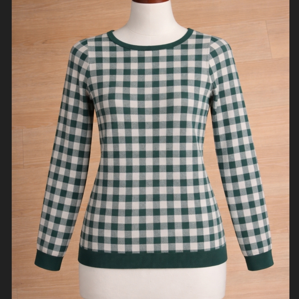 Ann Taylor Checkered Green and White Sweater